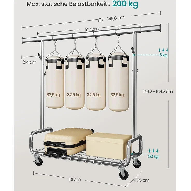 SONGMICS Kleiderständer, Schwerlast-Garderobenständer, auf Rollen, ausziehbare Kleiderstange, verstellbare Höhe, mit Ablage, Haken, silbern HSR014E01 – Bild 5