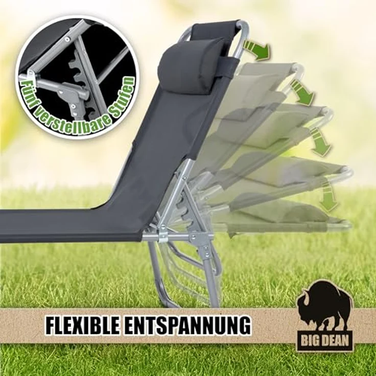 BigDean Sonnenliege klappbar mit Kopfkissen extra hoch dunkelgrau 150 kg belastbar - hochwertige Gartenliege für Balkon, Garten & Strand – Bild 5