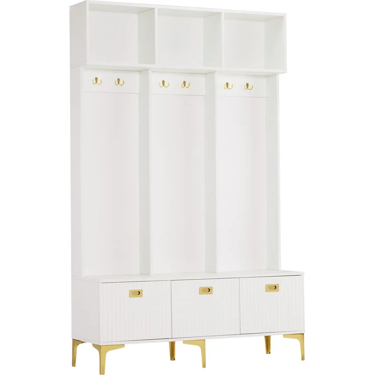 Merax Garderobenset mit Bank, multifunktionale Aufbewahrungsbank, offene Aufbewahrung,6 goldene Haken und Füße, geeignet für Flur, Wohnzimmer, weiß, B120/D23.5/H191.5CM – Bild 9