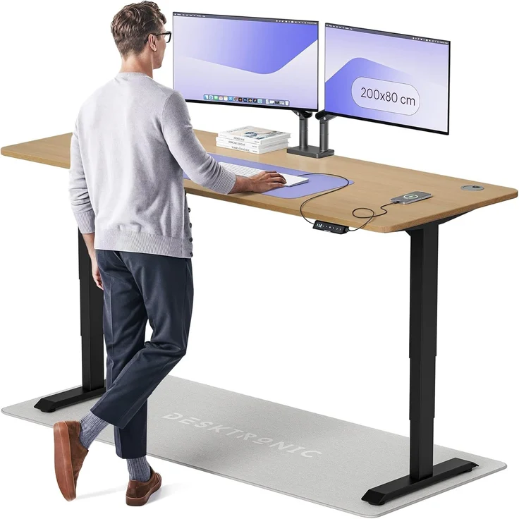 Desktronic Höhenverstellbarer Schreibtisch aus massivem Eichenholz (200x80 cm) – Elektrisch höhenverstellbar mit flüsterleisem Dual-Motor & Touchscreen – Hohe Tragfähigkeit – Stehtisch HomePro – Bild 1