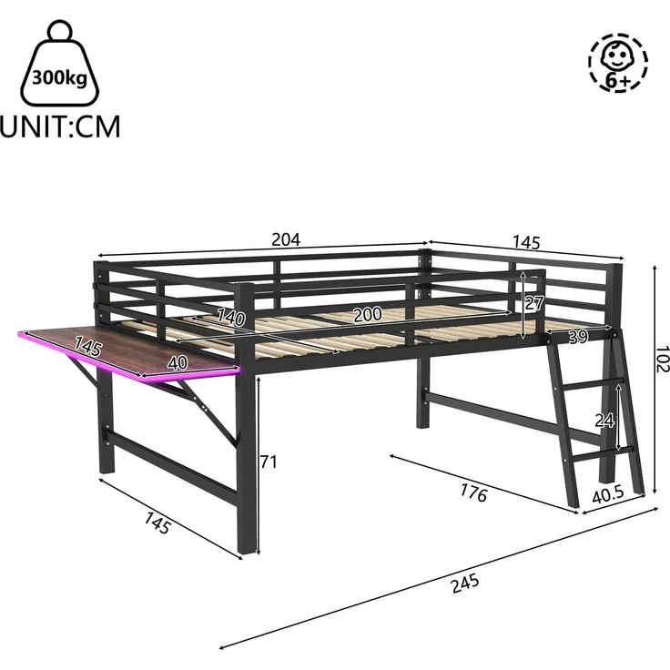 Merax 140 x 200 cm Kinderbett, Metallbett, Ohne Matratze, Geländer, Leiter, Schreibtisch, LED-Lichtband, Schwarz – Bild 4