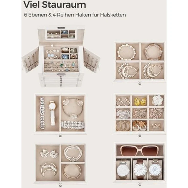 Songmics Schmuckkasten, Schmuckschatulle mit 6 Ebenen & seitlichen Klapptüren, MDF Natur, 15,6 x 26 x 32 cm – Bild 2