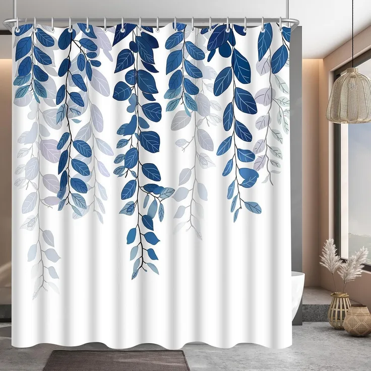 Lerores Duschvorhang 240x200cm Blaublatt Antischimmel Polyester Stoff 16 Ösen