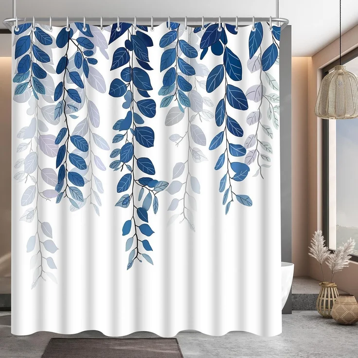 Lerores Duschvorhang 240x200cm Blaublatt Antischimmel Polyester Stoff 16 Ösen – Bild 1