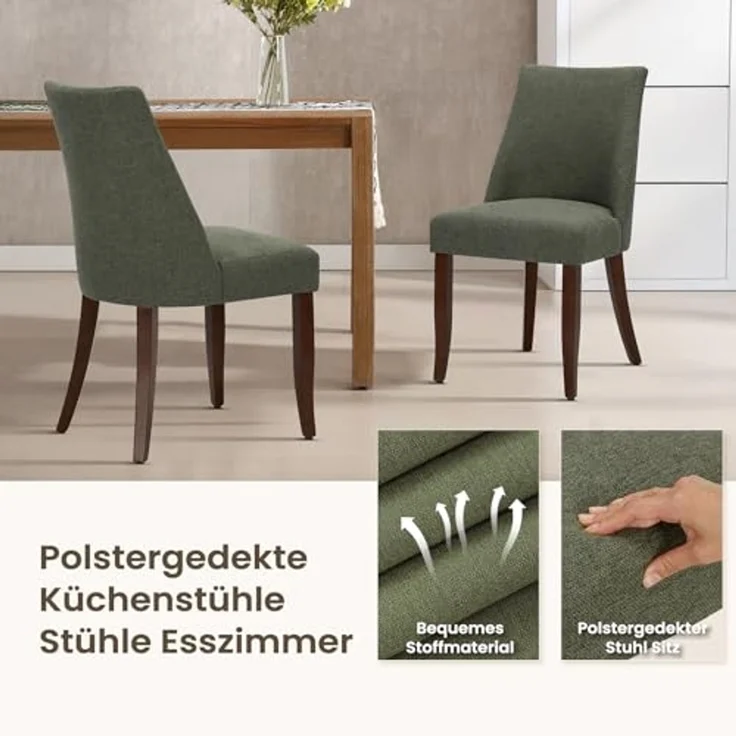 COLAMY Esszimmerstühle 2er Set, Moderne Küchenstuhl Polsterstuhl Stühle mit Rückenlehne, Stoff Dining Chairs mit Holzbeinen für Esszimmer, Küche, Restaurant mit Holzbeinen, Grün – Bild 5