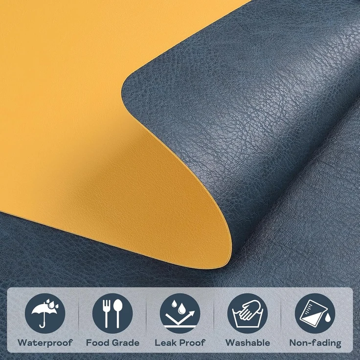 ABC 6-teiliges wasserfestes und hitzebeständiges Esstischset aus PVC-Leder, für Küche, Esszimmer und Hotel, 40 x 30 cm, blau und gelb – Bild 2