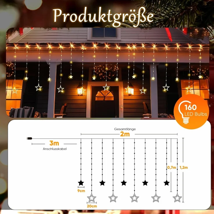 Salcar LED-Lichterkette LED Sterne 2m 160 LED Lichtervorhang Weihnachten Lichterkette Außen, 2m 160 LED Warmweiß, 8 Modi, Timer und Memory – Bild 2