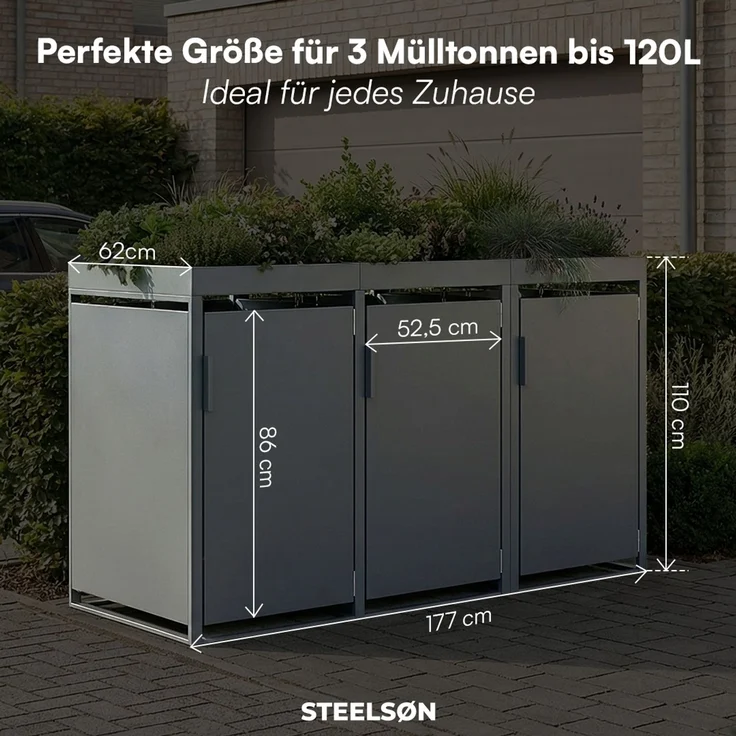 STEELSØN 'Thoria' Mülltonnenbox 3er je 120 Liter, anthrazit, Mülltonnenverkleidung aus Stahl, wetterfest, 111x62x177,5 cm, Müllbox mit Pflanzendach für 3 Tonnen – Bild 8