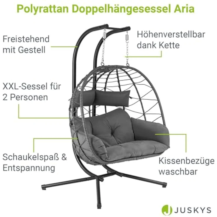 Juskys Doppelhängesessel Aria - Polyrattan Hängesessel mit Gestell & Kissen - Schaukel für zwei Personen - Outdoor Indoor Sessel - XXL Korb Grau – Bild 4