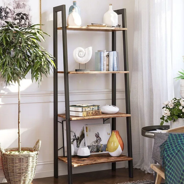 Vasagle Regal, Bücherregal mit 4 Ebenen, Leiterregal, Standregal, für Wohnzimmer, Schlafzimmer, Küche, Homeoffice, Industrie-Design, Stahlrahmen, vintagebraun-schwarz, von Songmics LLS44X