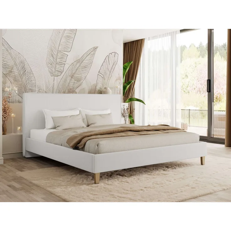 Design Polsterbett LUMARO CLASSIC 140x200 cm mit Lattenrost & 12cm hohen Füßen, Doppelbett mit Kopfteil, Konfigurierbar, Pocket Matratze - Weiß Kunstleder - VIRE LUX