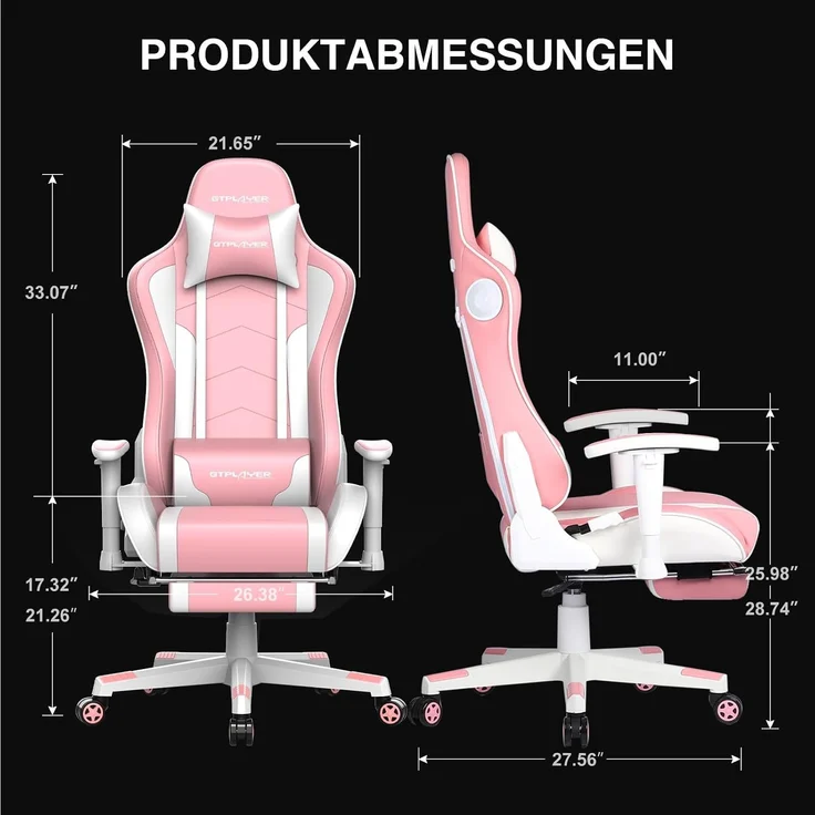 GTPLAYER Gaming Stuhl Gamer Stuhl mit Fußstütze Bluetooth Lautsprecher Ergonomischer Bürostuhl Computerstuhl Schreibtischstuhl PC Stuhl mit verstellbare Rückenlehne 150 kg Belastbarkeit pink – Bild 2