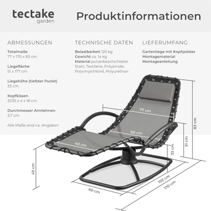 tectake Gartenliege Toulon, 1 St, Ergonomische Gartenliege mit sanfter Schwingfunktion – Bild 3