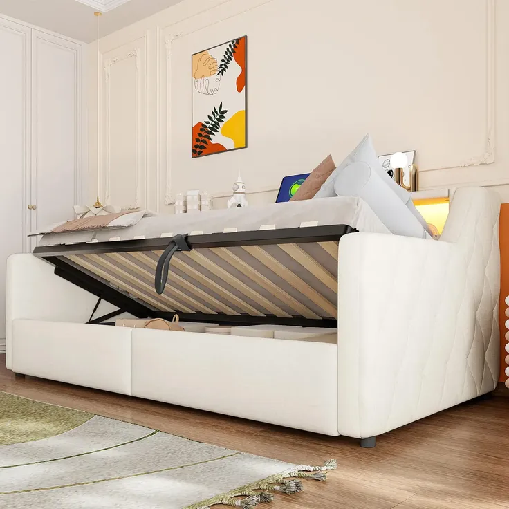 Schlafsofa mit LED-Beleuchtung und Aufbewahrung, Polsterbett mit Lattenrost, 90x200 cm, Einzelbett, Jugendbett, Leinen – Bild 4