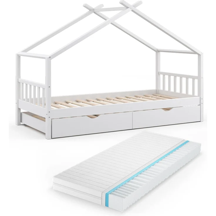 Hausbett Design Weiß 90x200 cm mit Gästebett und Matratze Vitalispa – Bild 1