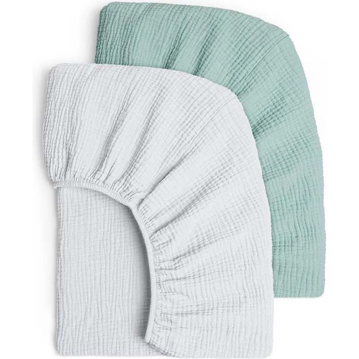 lulumoon 2er Set Kinder Spannbettlaken, Musselin-Baumwolle Spannbetttuch für Babybett und Kinderbett 60x120 cm / 70x140 cm Reisebett Spannlaken Beistellbett Leintücher (Grau Grün, 70x140 cm)