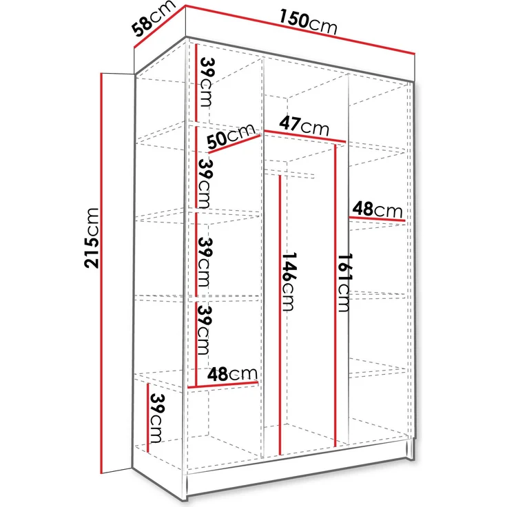 Drehtürenschrank Cikzori III, Kleiderschrank mit 3 Türen, Frontspiegel (Farbe: Nuss Warmia / Nuss Warmia + Schwarz) – Bild 4