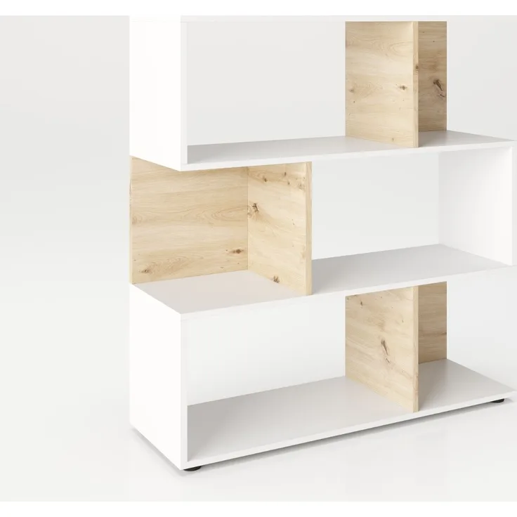 Shelfy - Bücherregal, Büroregal, Raumteiler mit 6 Fächern, asymmetrische Aufteilung, weiß/eiche