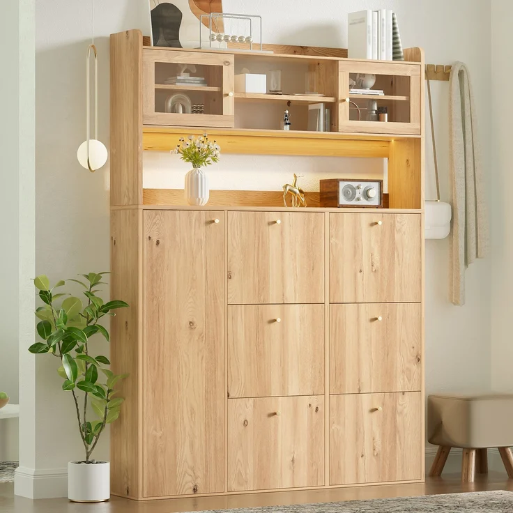 ZUBALIYA Schuhschrank (130 x 25 x 180 cm), 6 Klappfächer, LED - Beleuchtung, Stauraum für Flur und Eingangsbereich, Naturfarben – Bild 5