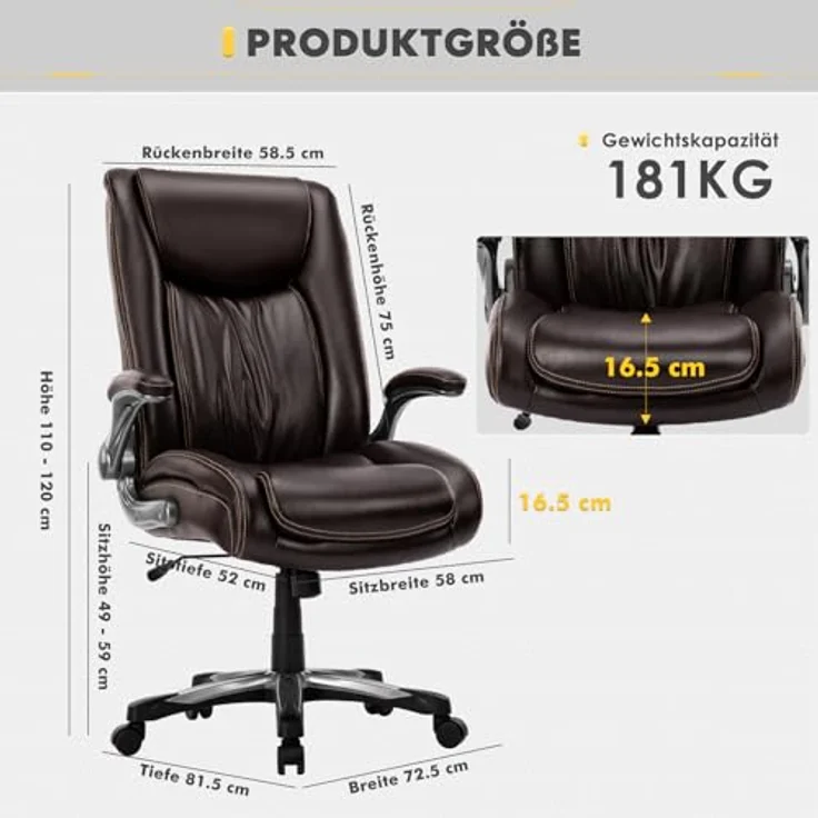 COLAMY Bürostuhl, Bürostuhl Ergonomisch, Großer und hoher Schreibtischstuhl 181 kg, großer, strapazierfähiger Chefsessel mit hoher Rückenlehne und klappbaren Armlehnen für das Homeoffice, Braun – Bild 3