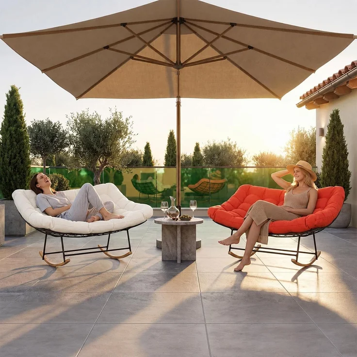 Aoxun Schaukelstuhl Outdoor,Ergonomischer Schaukelsessel für Indoor, Relaxsessel Garten,Balkon Sessel,148x113x79cm,Wetterfester Gartenstuhl Bequem,bis 200KG,Beige – Bild 8