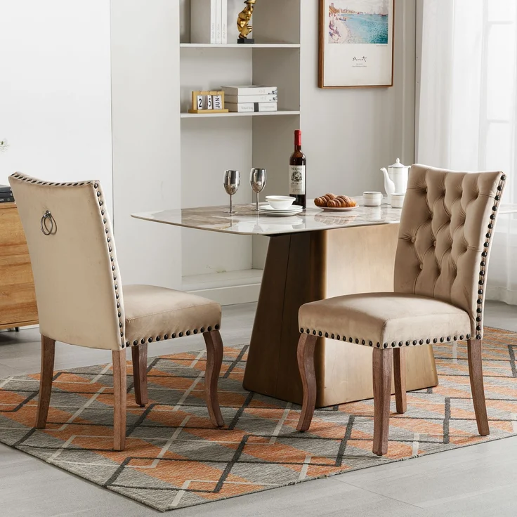 2er Set Esszimmerstuhl Samt gepolstert Massivholz mit Kupfernägeln, modernes Design, komfortabler Sessel,Helles Kamel – Bild 3