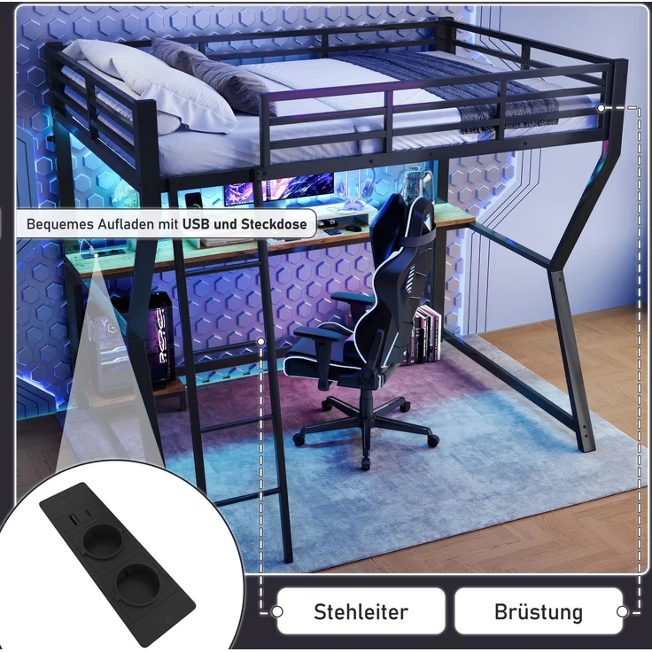 EINHOM Hochbett, 90 x 200 cm, mit LED-Leuchten, Computerkonsolenablage, Schreibtisch, Steckdose+USB, Geländer, Treppe, Schwarz (Ohne Matratze) – Bild 4