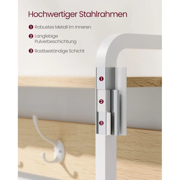 Vasagle Garderobenständer mit Schuhschrank, Garderobe mit Sitzbank, Kleiderständer, Schuhkipper, 9 Haken, obere Ablage, für Flur, Schlafzimmer, modernes Design, eichenfarben-weiß von Songmics RSH405W09 – Bild 6
