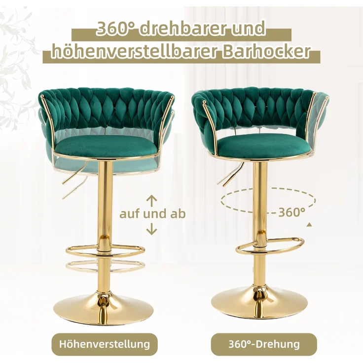 LVHOM Barhocker 2er Set, goldene Stuhlbeine, moderne Samt-Hochstuhl/Barstühle, mit runden Rückenlehne & Fußstütze, 360° drehbar, Höhenverstellbar – Bild 3