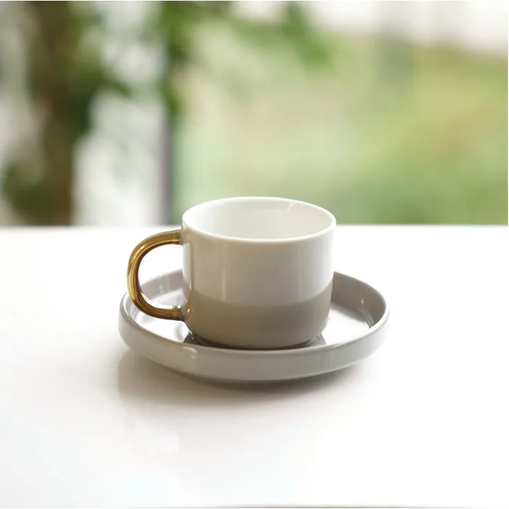 Mulex Kaffeeservice 12-tlg Mokkatassen Set, 90 ml, Taupe/Gold, Porzellan, spülmaschinengeeignet, für 6 Personen