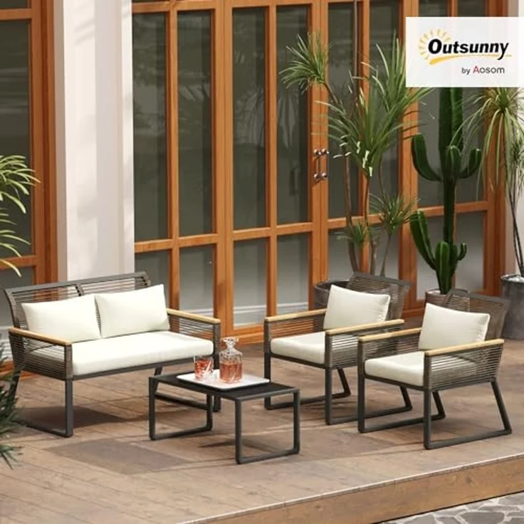 Outsunny Sitzgruppe 4 Personen, mit 2er Sofa, 2 Stühle, Glastisch, Kissen, (wetterfest Balkonmöbel-Set, 4-tlg, Polyrattan Gartenmöbel Set), Gartenlounge für Garten Balkon Grau+Beige – Bild 2
