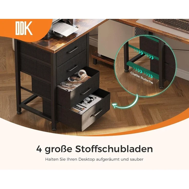 Eckschreibtisch L Form mit Schubladen und USB-Anschluss Vintage-Braun – Bild 3
