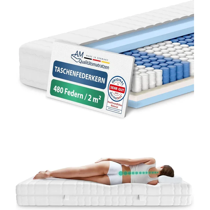 Taschenfederkernmatratze 7-Zonen Federkernmatratze, Orthopädische Matratze, Made in Germany, AM Qualitätsmatratzen, 20 cm hoch, 90x200 cm