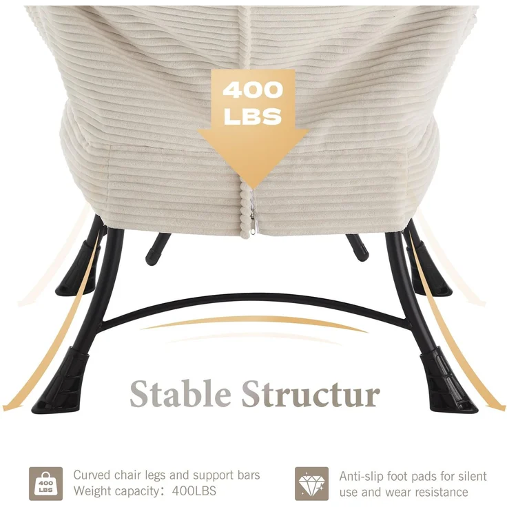LVHOM Relaxsessel mit Hocker, Loungesessel mit Seitentasche, Lesesessel aus Cordstoff, bequem gepolstert, Metallgestell, bis 180kg belastbar, Weiß – Bild 6