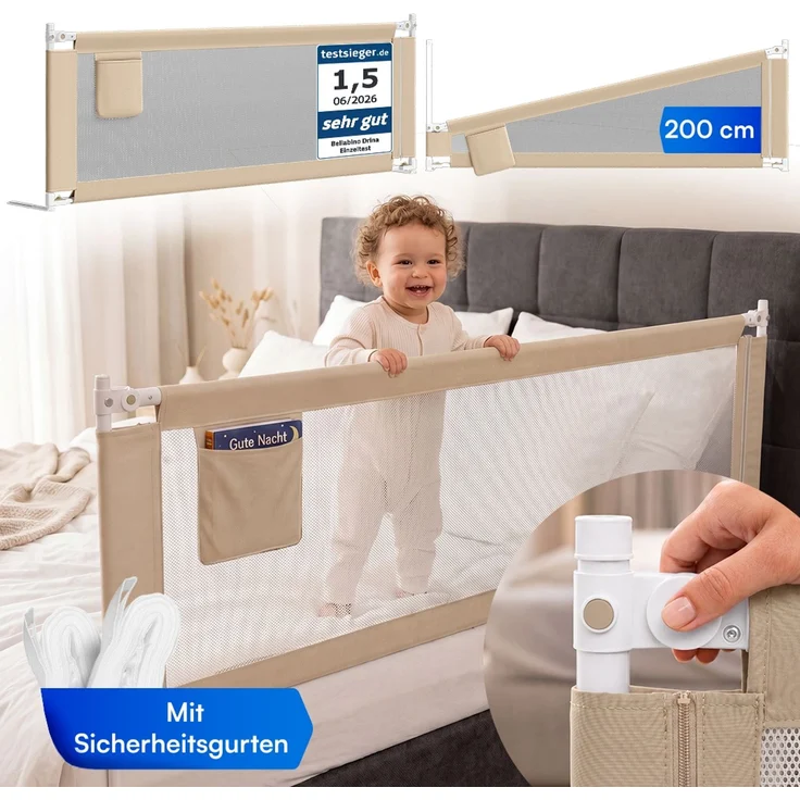 Bellabino 'Drina' Bettschutzgitter mit 2 Sicherheitsgurten, Rausfallschutz klappbar & höhenverstellbar, aus Oxford-Stoff & Metall, 180 cm, beige – Bild 1