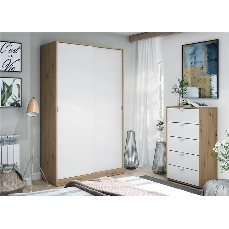 Schlafzimmer-Set >GARONA< (2-teilig) Schrank + Kommode, Nodi Eiche Dekor / Artik Weiß