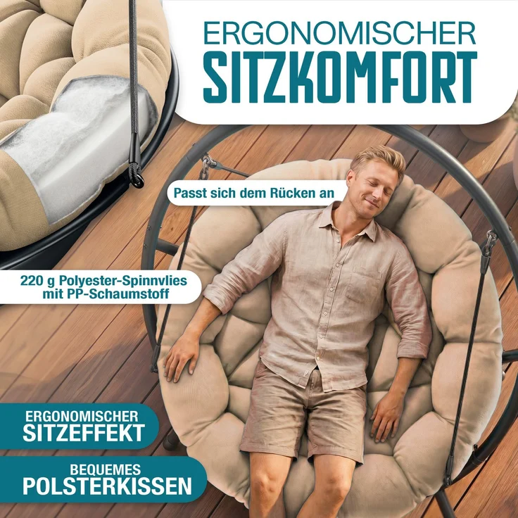 KESSER® Hängesessel mit Gestell BALI Hängeschaukel Hängestuhl bis 150kg für Indoor und Outdoor + Kissen & Seitentasche Hängekorb Stahlgestell & Schaumstoff Sitzpolster ideal für Wohnzimmer & Garten Beige – Bild 8
