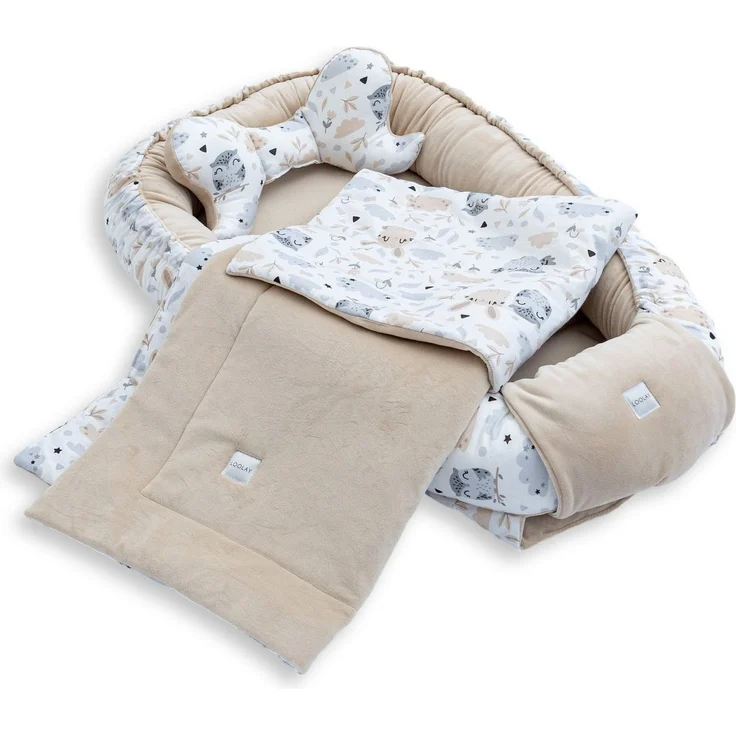 Loolay Kuschelnest BABYNEST + DECKE + Kissen Babyausstattung Baumwolle & Samt Velours, (MUSTER: BEIGE Samt Velour/ HASE EULE, 3-tlg, Liebevoll handgefertigt Nestchen! Geborgenheit Komfort für Neugeborene), Premium Ausstattung - 100% Europäische Stoffe ... – Bild 1