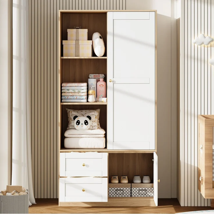 CHICFURN Kleiderschrank 90x180x50 cm aus MDF mit Schiebetür und 2 Schubladen – Naturholzoptik/Weiß – Bild 2