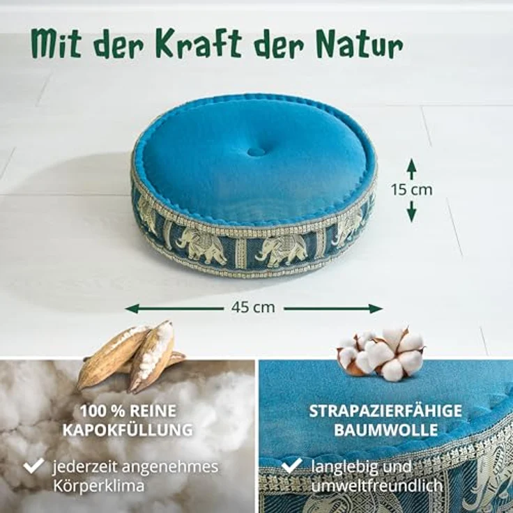 livasia Meditationskissen Zafukissen groß (Deluxe) vegan und handgefertigt, 44x15cm, Kapok – Bild 5