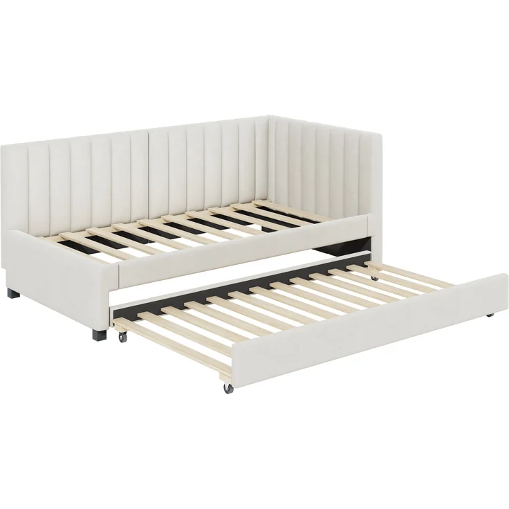 Polsterbett 90*200, Ausziehbares Schlafsofa, Multifunktionsbett mit Lattenrost, Jugendbetten Kinderbetten Gästebetten, Samtstoff Beige – Bild 9
