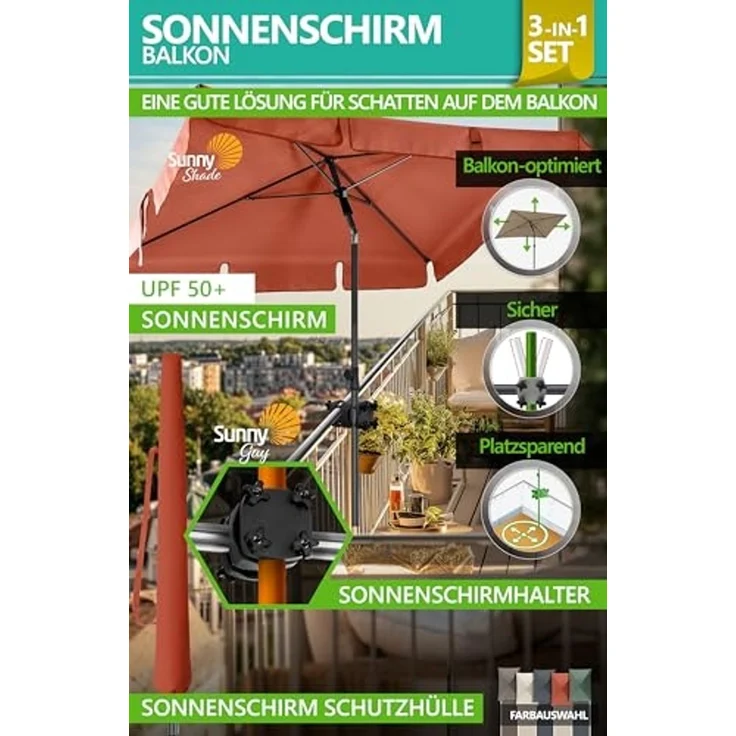 4smile Sonnenschirm Balkon SunnyShade, 200 x 125 cm, Orange - UPF 50+ Sonnenschirm rechteckig als Sonnenschutz Balkon - SunnyGuy Balkon-Schirm mit Sonnenschirmhalter + Sonnenschirmhülle – Bild 2