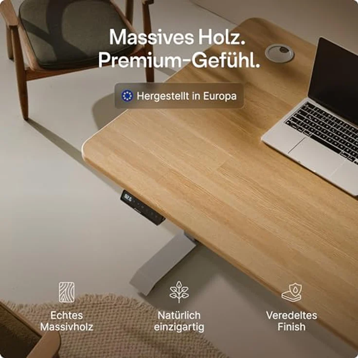 Desktronic Höhenverstellbarer Schreibtisch aus massivem Eichenholz (120x60 cm) – Elektrisch höhenverstellbar mit flüsterleisem Dual-Motor & Touchscreen – Hohe Tragfähigkeit – Stehtisch HomePro – Bild 9