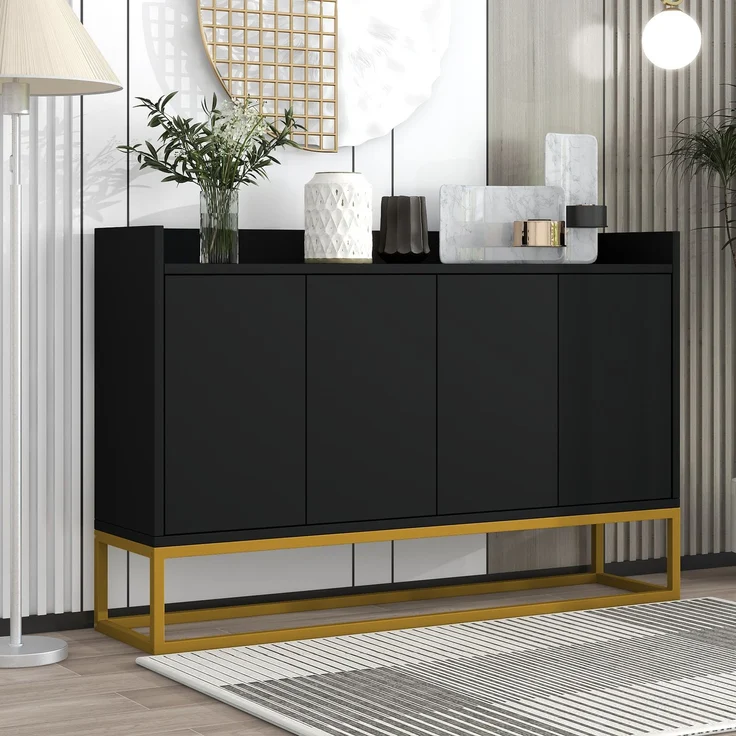 Sideboard mit Metallrahmen, 4 Türen, verstellbaren Regalen und schmaler Bauweise für Küche Wohnzimmer Flur Aufbewahrung,Schwarz – Bild 1