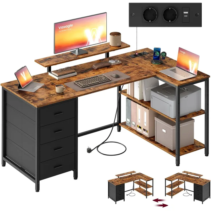 VASAGLE L-förmiger Eckschreibtisch mit Steckdosen, Computertisch, Gaming-Tisch, beidseitig montierbar, verstellbare Ablagen, 4 Schubladen, 2 USB-Anschlüsse, 140x80 cm, vintagebraun LWD172KD01