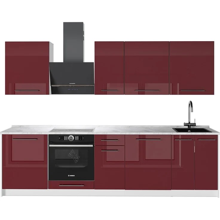 Küchenzeile Fame-Line Bordeaux Hochglanz/Weiß 280 cm, AP Marmor Vicco – Bild 1