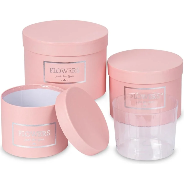 3er Set Runde Blumen-Geschenkboxen mit Deckel - Rosa Ø15/17/20cm – Bild 1