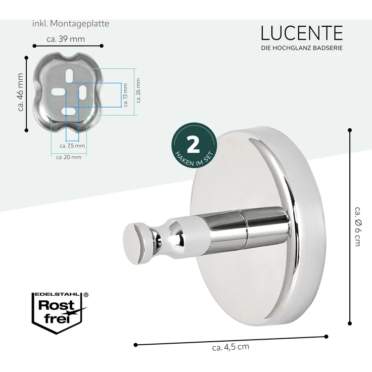 Bad-Serie LUCENTE - Handtuchhaken 2er Set, aus Edelstahl verchromt – Bild 7