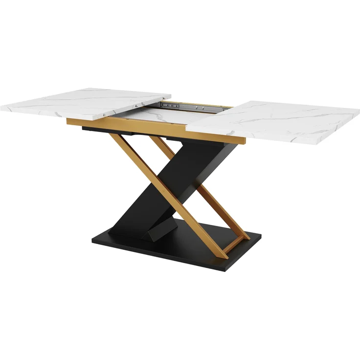Ausziehbarer Esstisch 120-160x80x75,4 cm, Marmoroptik, goldene Kreuzbeine – Bild 5