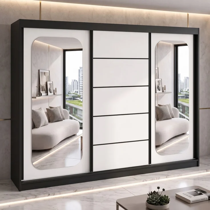 BELANO Schwebetürenschrank 200 cm mit Spiegel – Kleiderschrank mit Schiebetüren, Innenausstattung: Basic – Bild 2